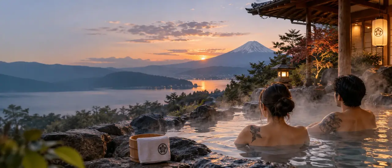 Illustration: two people with tattoos relaxing in an outdoor hot-spring bath at sunset, with Mount Fuji across a lake